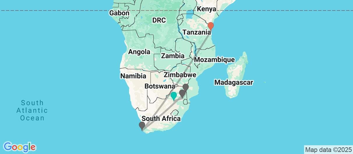 Map of Kruger, Ciudad del Cabo y Zanzíbar