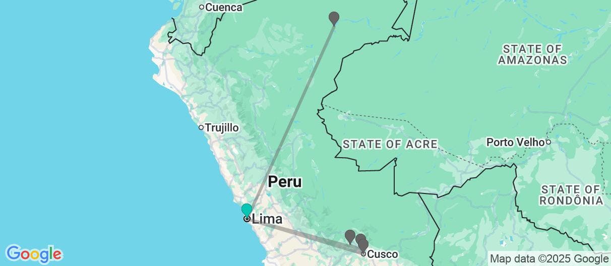 Map of Gems of Peru: Machu Picchu & Amazon Cruise